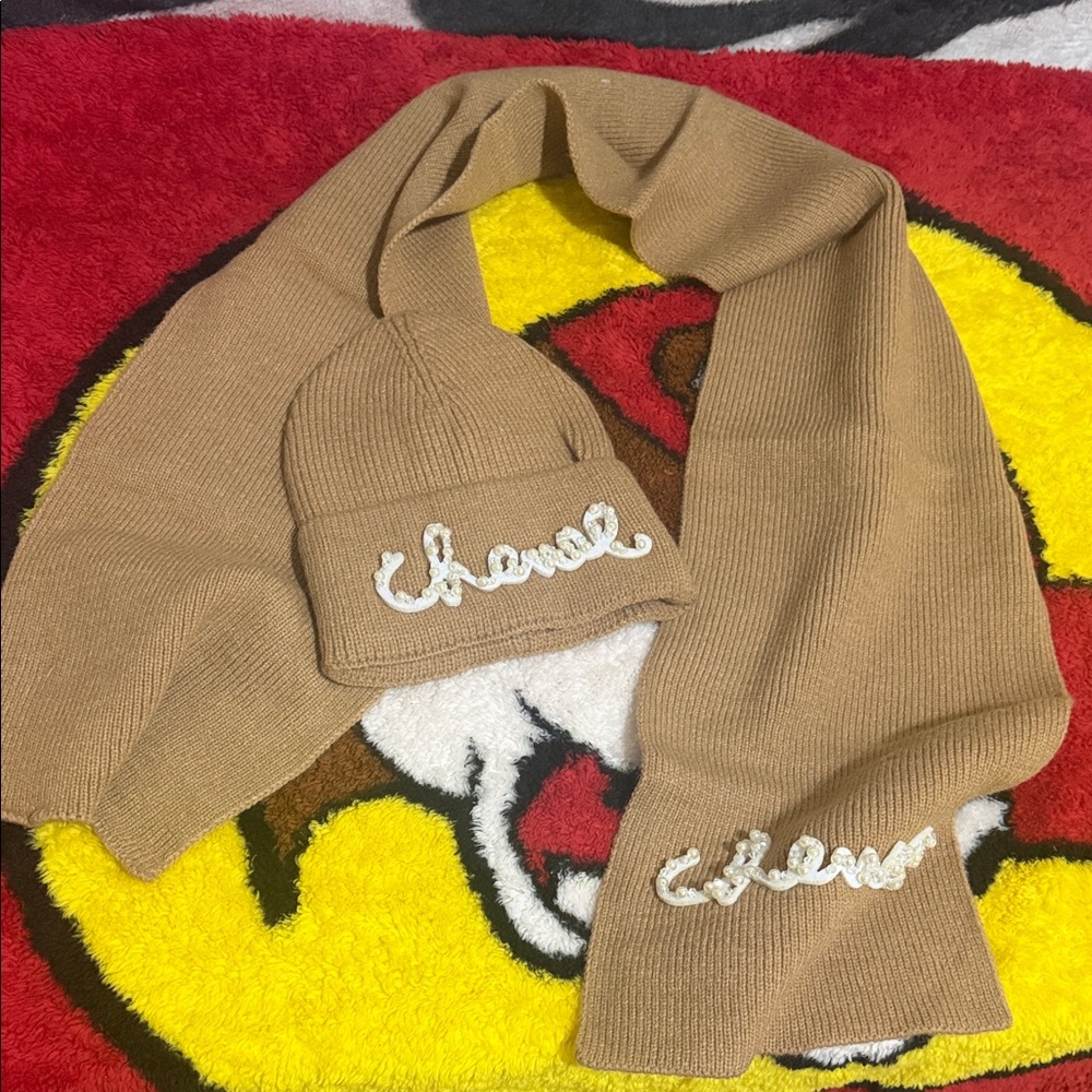 Beige Knit Scarf and Hat Set